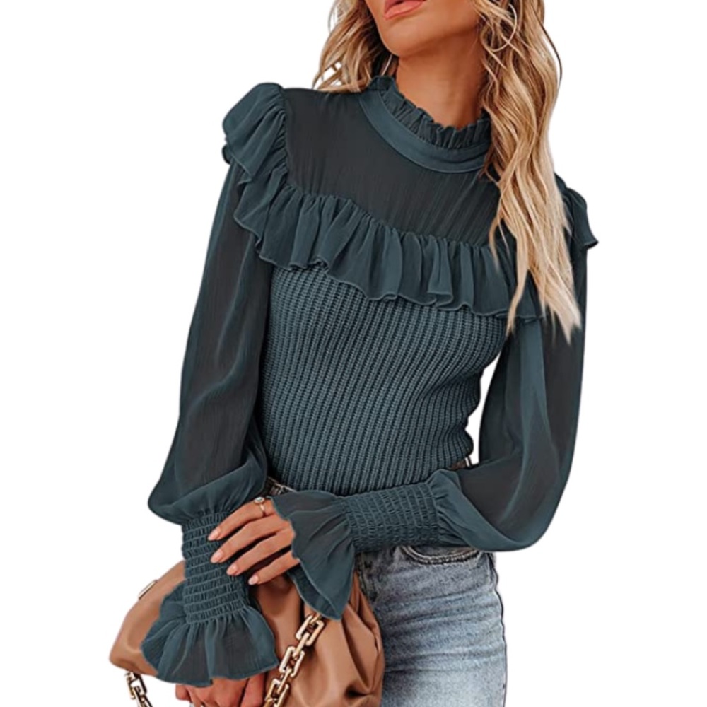 ADORABLE BLUE SWEATER WITH RUFFLE TRIM